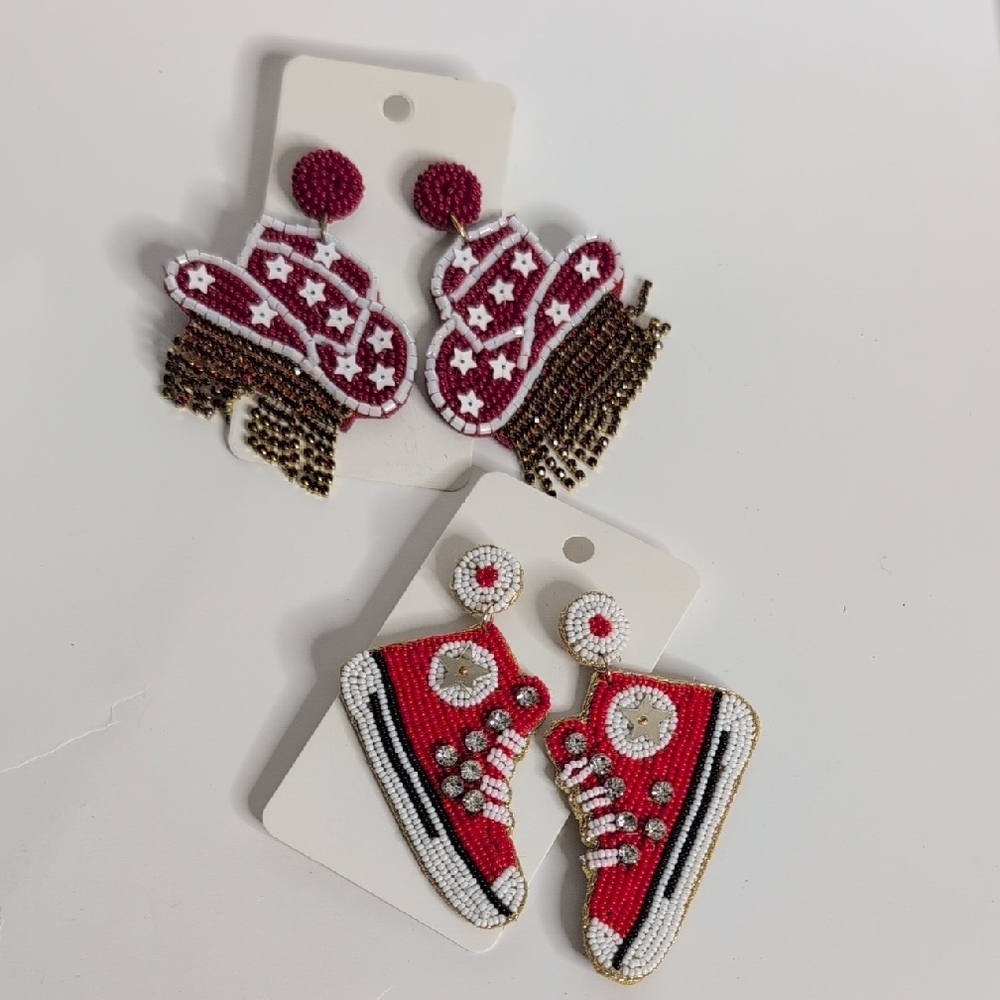 Beaded Cowboy Hat Earrings with Fringe NWT